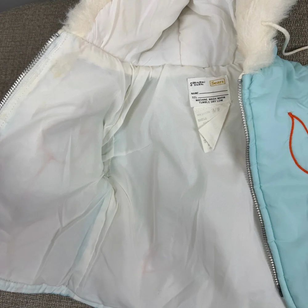 Vintage Sears Blue Tulip Puffer Winter Coat Zip Up Jacket Hood Small 6-9 Months